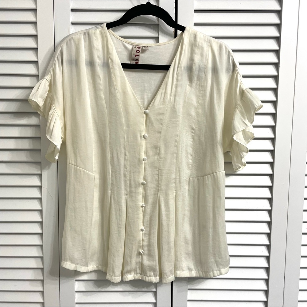 Dolan Anthropologie Women's Button Down Cream Ruffle Sleeve Blouse Pleated Sz S